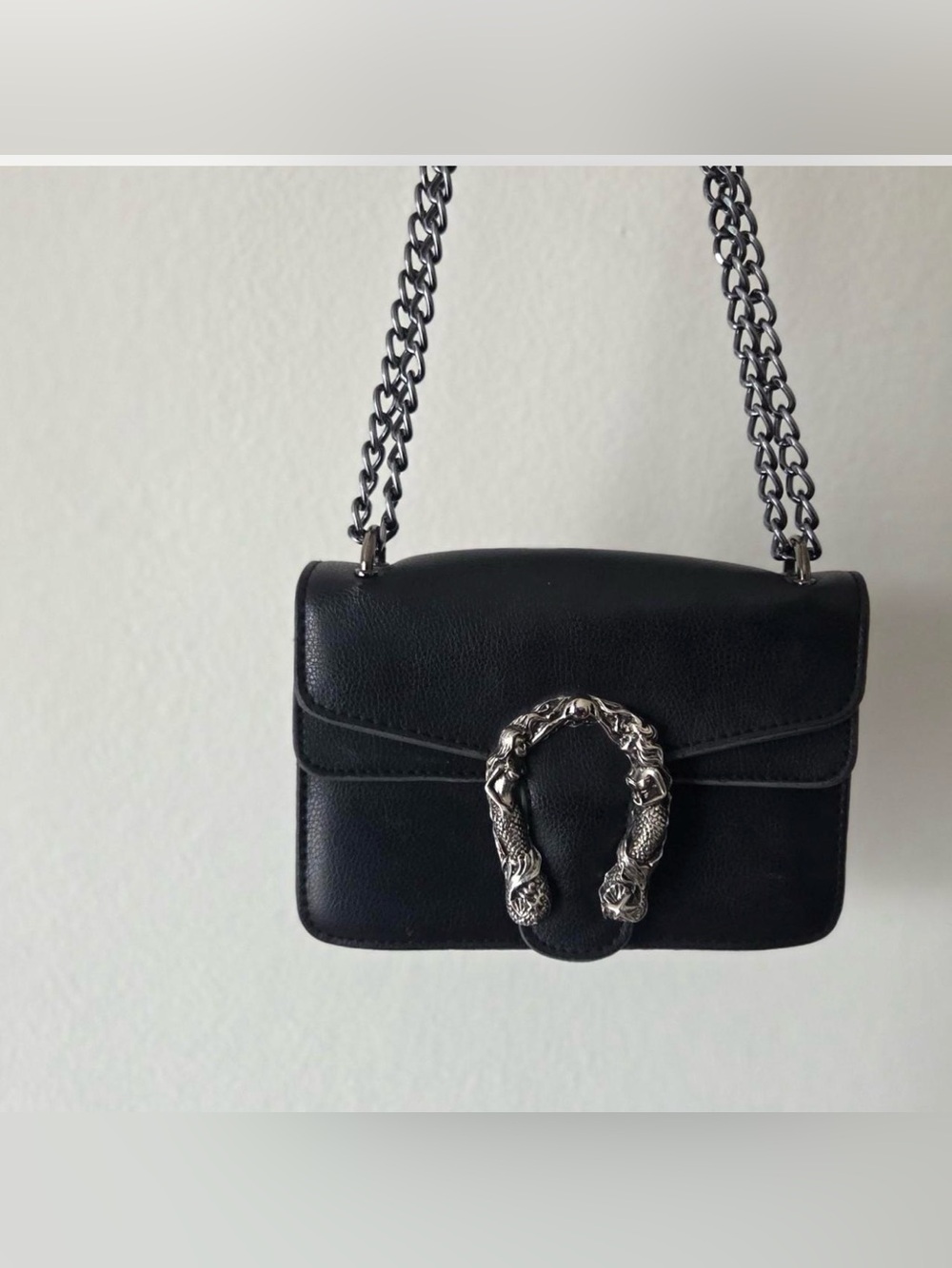 Black Leather Shoulder Bag with Silver Horsebit Accent